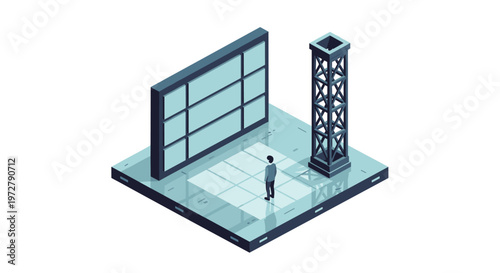 Isometric urban explorer: man in futuristic cityscape environment