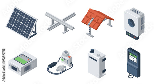 Eco-friendly solar energy systems: isometric set with panels and