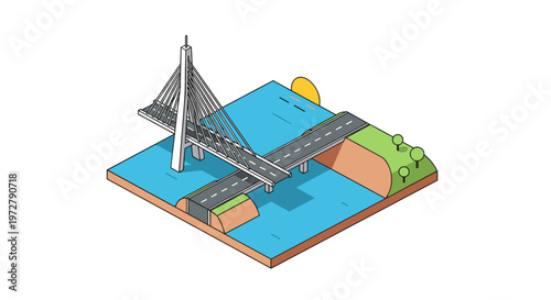 Isometric suspension bridge over river at sunset