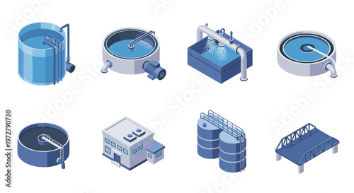 Isometric water treatment elements set: tanks pumps filtration