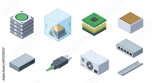 Isometric technology components set featuring servers processors and