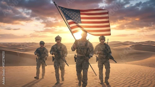 Heroic American soldiers marching with the US flag.