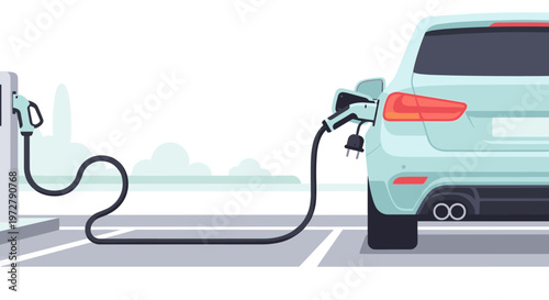 Electric car charging at station with plug cable in minimalist style
