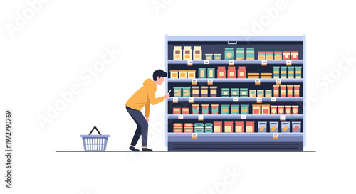 Person shopping in grocery store with basket and product shelves in