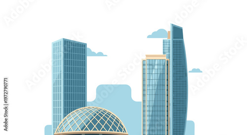 Modern cityscape with tall glass buildings and a geodesic dome