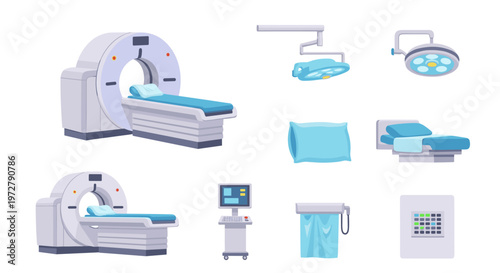 Modern mri and hospital equipment set with medical devices and tools