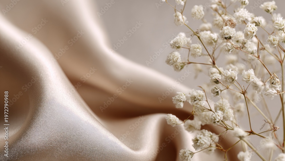 Naklejka premium Elegant Silk Drape and Delicate White Flowers Macro Shot.