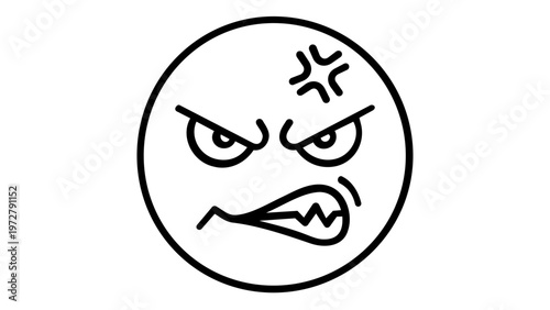 Angry Face Line Icon Vector Illustration: Minimalist Black and White Emoji Showing Intense Frustration, Rage, and Annoyance with Furrowed Brows and Snarling Mouth. Scalable AI-Generated Design.