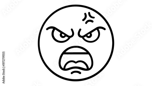 Angry face line icon vector illustration featuring a shouting emoji with furrowed brows and an anger vein symbol. Minimalist flat design for expressing rage, frustration, fury, and annoyance.