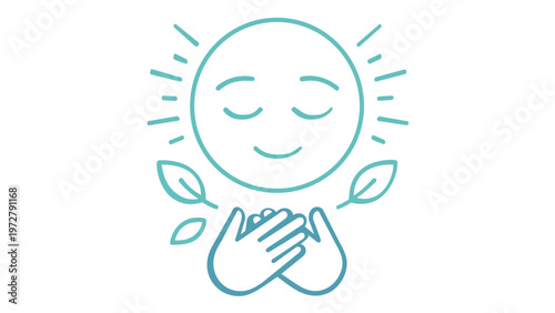 Peaceful smiling face vector icon with hands on chest and leaves, representing mindfulness, mental health, inner peace, and well-being. Minimalist blue gradient illustration for wellness.