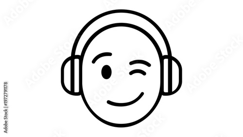Minimalist black and white vector illustration of a winking face wearing over-ear headphones. Scalable flat line icon ideal for music, podcasting, audio streaming, and digital media interfaces.