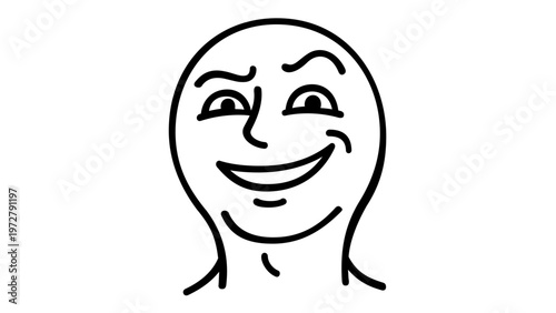 Excited face line icon vector illustration featuring a minimalist black and white drawing of a person with a mischievous grin, raised eyebrows, and a smug expression. Scalable AI-generated.