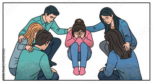 Supportive friends comforting sad person in a group setting
