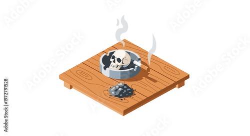 Isometric wooden table with skull ashtray and burnt cigarette in