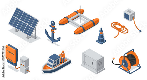 Maritime equipment collection in isometric style featuring solar