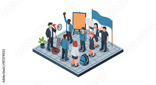 Isometric workplace protest with diverse business team and megaphone