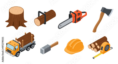 Isometric forestry tools and equipment collection with chainsaw and