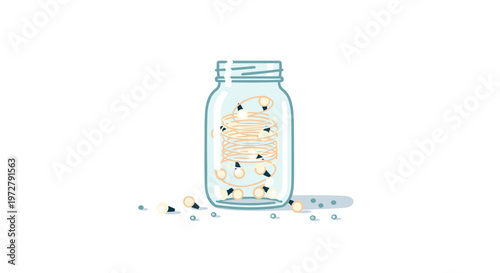 Glass jar filled with spilled black-eyed peas on white background