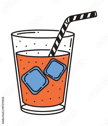 Vector of a glass filled with orange liquid containing ice cubes and a striped straw