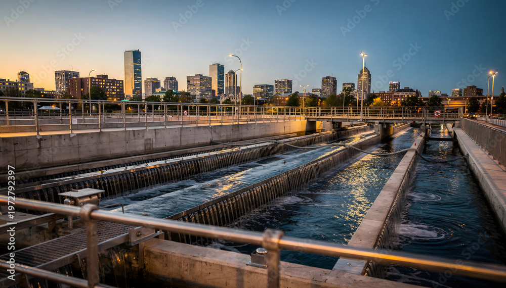 Fototapeta premium Urban Water Treatment Facility at Dusk with City Skyline in the Background, Showing Modern Infrastructure and Sustainable Water Management