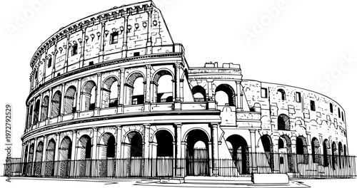Ancient Roman Colosseum black and white line art illustration set vintage architectural landmarks historical monuments .