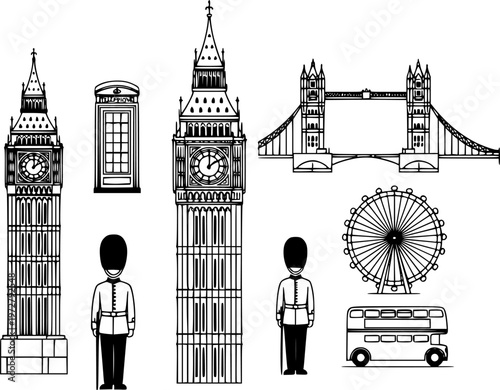 Big Ben clock tower illustration set with London landmarks vector icons minimalist design black and white line art travel concept
