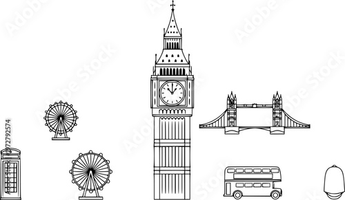 Big Ben clock tower illustration set with London landmarks vector icons minimalist design black and white line art travel concept
