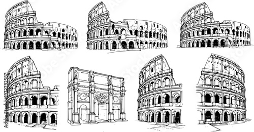 Ancient Roman Colosseum black and white line art illustration set vintage architectural landmarks historical monuments .