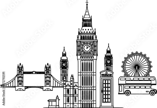 Big Ben clock tower illustration set with London landmarks vector icons minimalist design black and white line art travel concept
