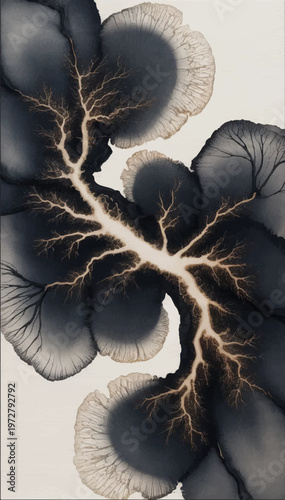 Vector graphics that mimic ink and bleach on handmade paper. Fractal branching patterns that resemble chaos, balanced with creativity, texture, and conceptuality.