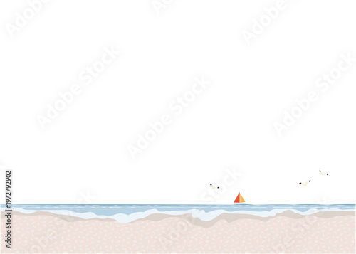 砂浜と海の風景フレーム：波打ち際とヨット、カモメのイラスト背景 / Sandy Beach and Sea Landscape Frame