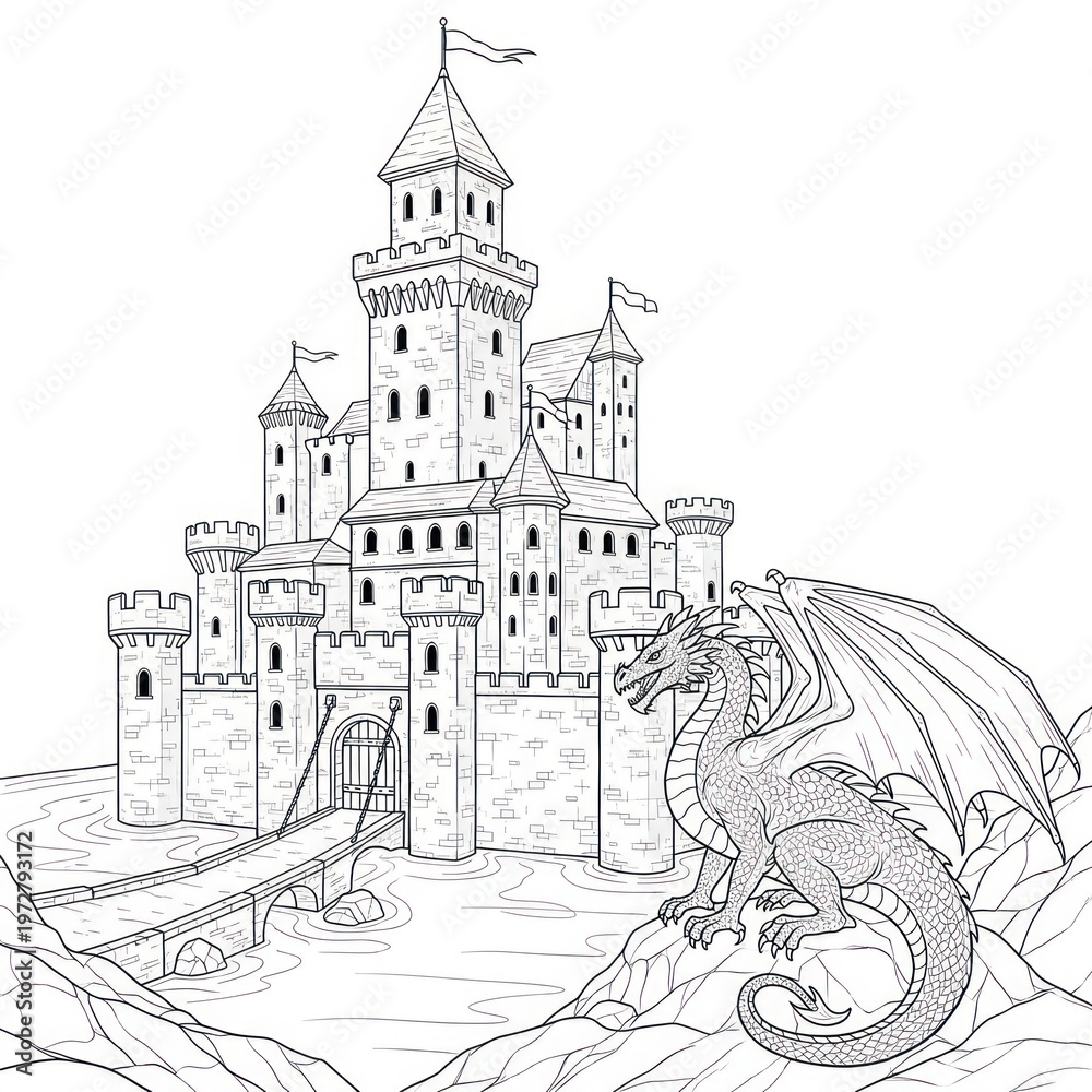 Naklejka premium Black and white illustration depicting a majestic castle and a fearsome dragon