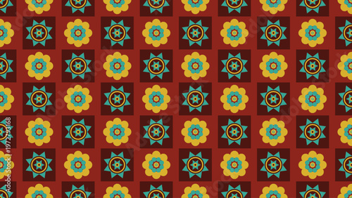 Seamless pattern with retro flowers, a vibrant and cheerful bohemian design featuring yellow, teal, and brown floral shapes on a rich maroon background, ideal for fabric prints, digital