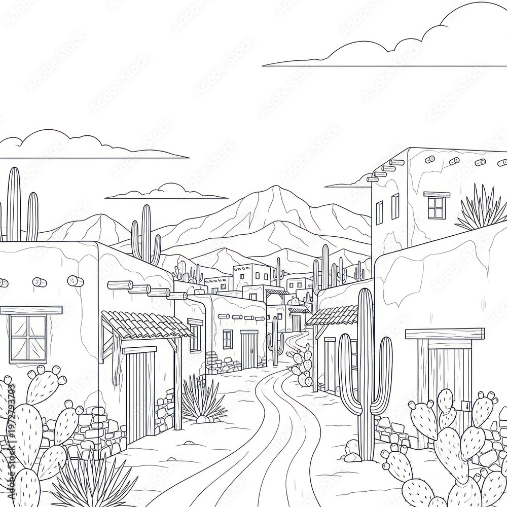 Fototapeta premium Line art illustration of a desert town, with cacti, buildings, and a winding road
