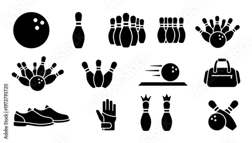 Bowling Icons Set – Ball, Pins, Strike and Bowling Equipment Silhouettes