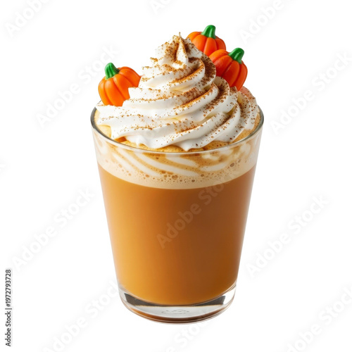 Pumpkin spice latte with whipped cream and pumpkin decorations