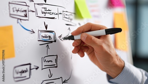 Business professional drawing a flowchart on a whiteboard for planning and strategy.