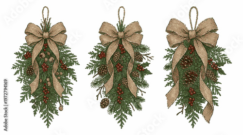 Three elegant holiday wreaths adorned with burlap bows and red berries hanging on rustic jute strings