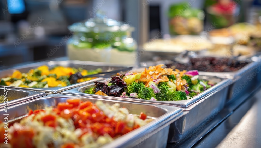 Obraz premium Buffet Style Food Display with Various Salads and Cooked Dishes.