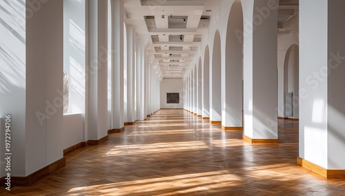 Long white corridor with large pillars and wooden floor bathed in sunlight.