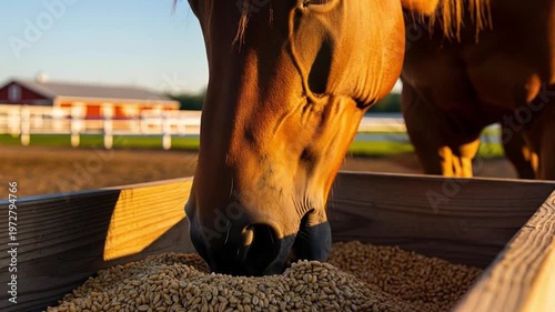 Close-up of horses eating grain from a wooden trough at sunset