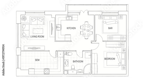 A detailed floor plan of a modern apartment.