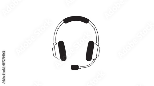 Isolated black stereo headphones with a microphone and earphone technology for studio audio listening on a white background