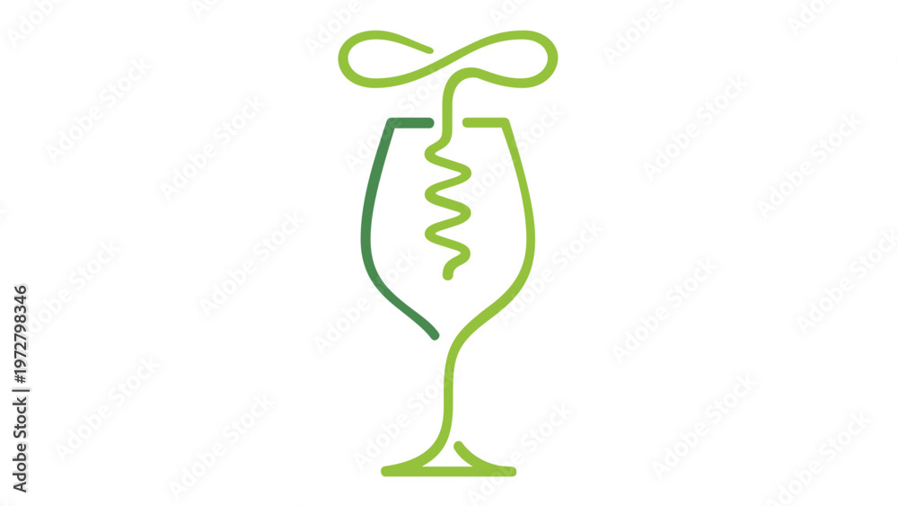 Naklejka premium Minimalist vector illustration of a wine glass integrated with a corkscrew, featuring a modern line art style and a teal to green gradient, ideal for winery logos, sommelier branding, and bar menus.