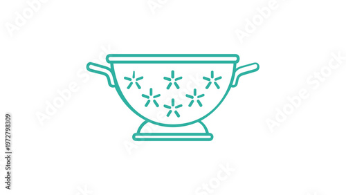 Minimalist colander line icon vector illustration featuring a kitchen strainer with handles and star-shaped drainage holes, perfect for food preparation, cooking apps, and culinary graphic designs.