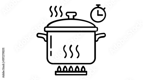 Minimalist vector icon illustration of a cooking pot on a gas stove burner with steam rising and a kitchen timer clock, flat line art design for culinary, recipe, and food preparation concepts.