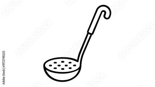 Minimalist black and white vector icon illustration of a slotted spoon or skimmer kitchen utensil, perfect for cooking, food preparation, and culinary design projects, scalable flat line art.