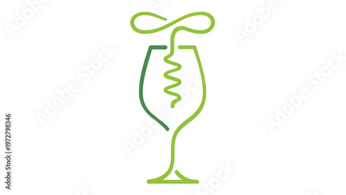 Minimalist vector illustration of a wine glass integrated with a corkscrew, featuring a modern line art style and a teal to green gradient, ideal for winery logos, sommelier branding, and bar menus.