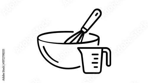 Kitchen cooking vector icon illustration featuring a mixing bowl, whisk, and measuring cup. Minimalist black line art for culinary, baking, food preparation, and recipe design. AI-generated.