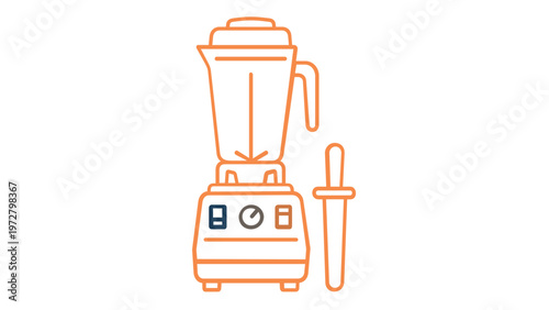 Professional kitchen blender vector icon illustration with tamper tool for smoothie making and food processing, minimalist gradient line art design for culinary apps, cooking, and healthy food.